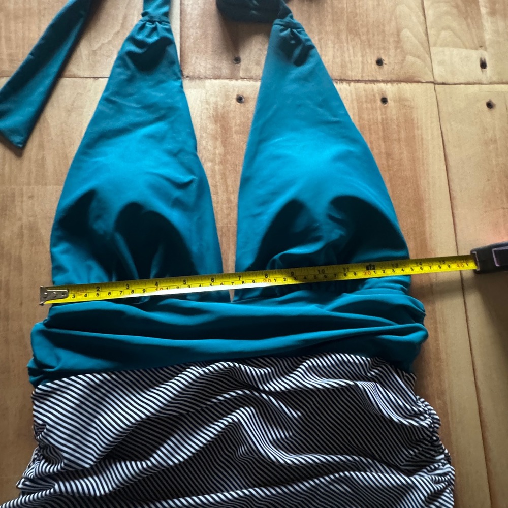 Womens Teal Striped Halter One Piece Swimsuit Ruched Tummy Control V-Neck L - Picture 4 of 5